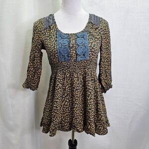 Mine Boho Crochet Smocked Babydoll Blouse Size Small